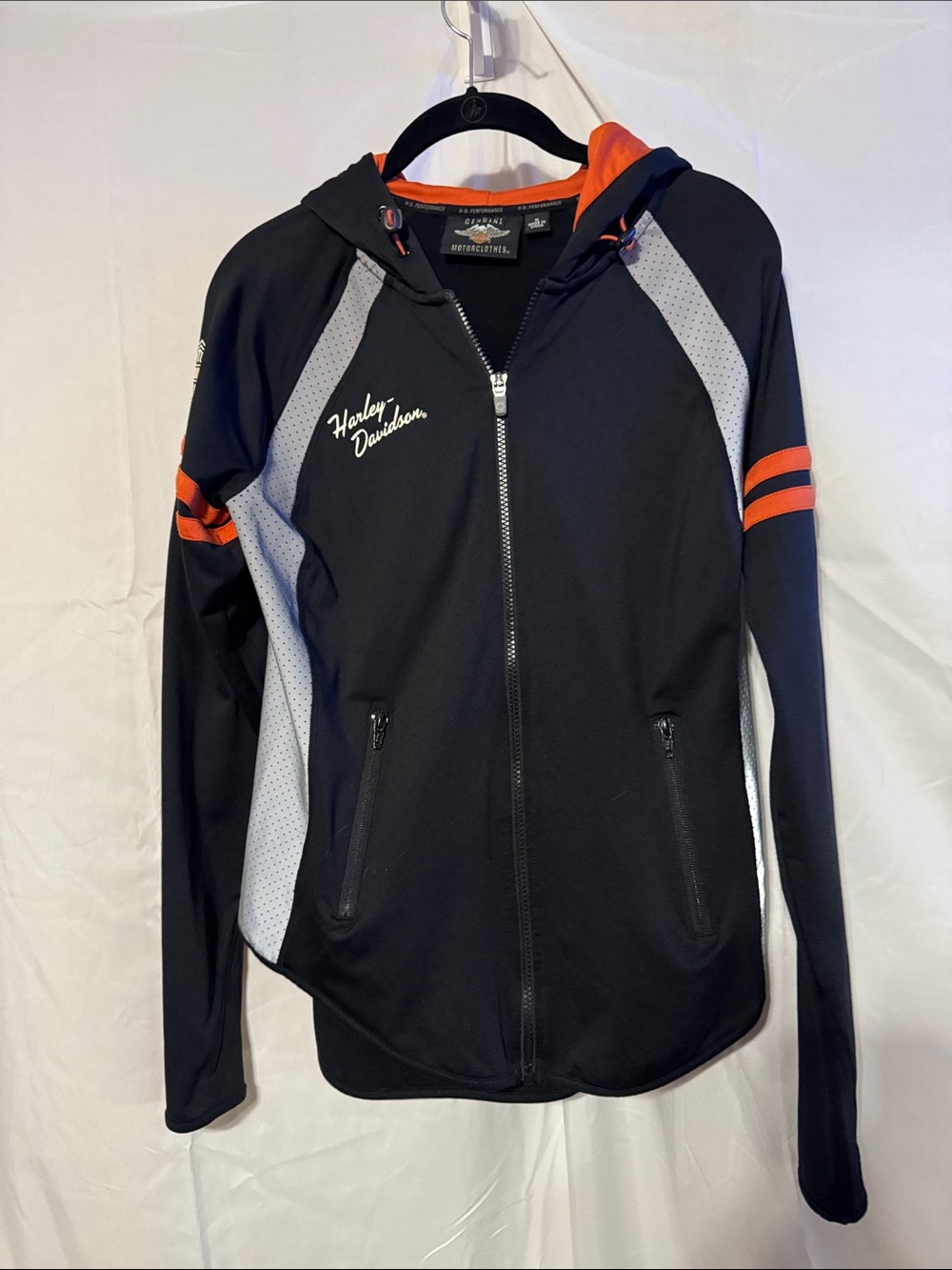 Harley-Davidson Black Hoodie with Orange Accents and Gray Panels